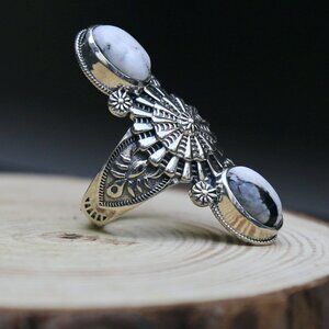 Artisan ✦ White Buffalo Statement Ring ✦ Dual Gem Sterling Silver Floral Band 9